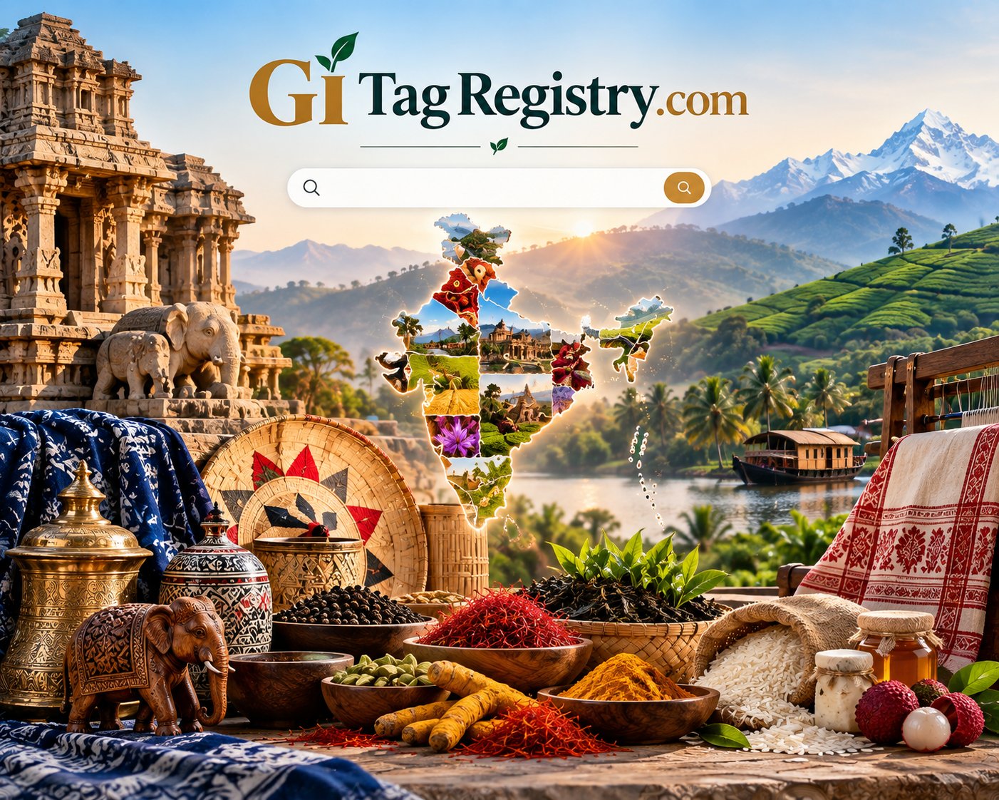 GI Tag Registry: a map of India surrounded by GI products such as tea, saffron, spices, textiles and crafts